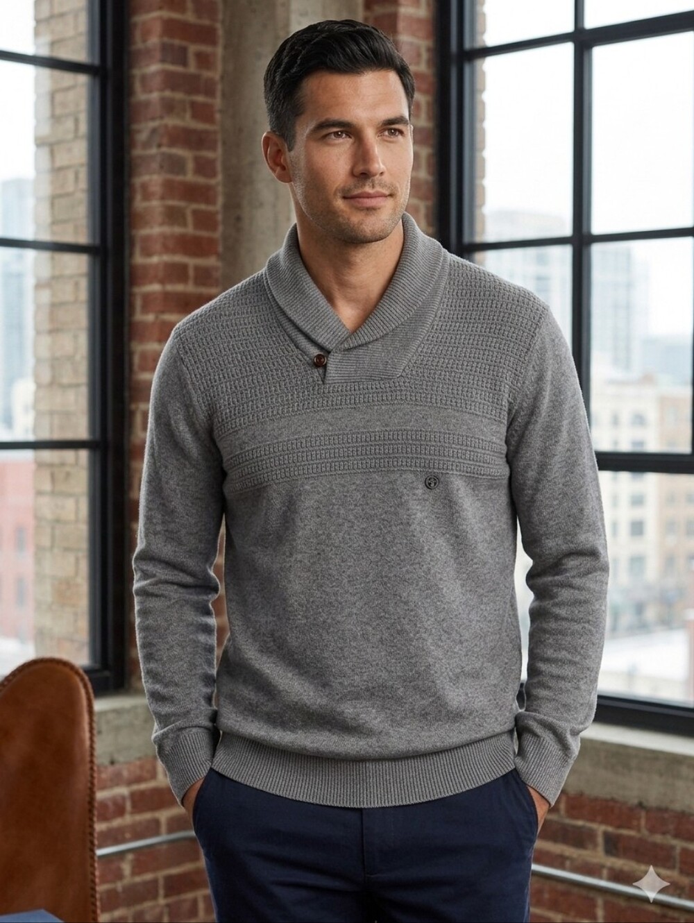 New Chaps Gray Shawl Collar 1 Button Sweater With Faux Suede Elbow Patches